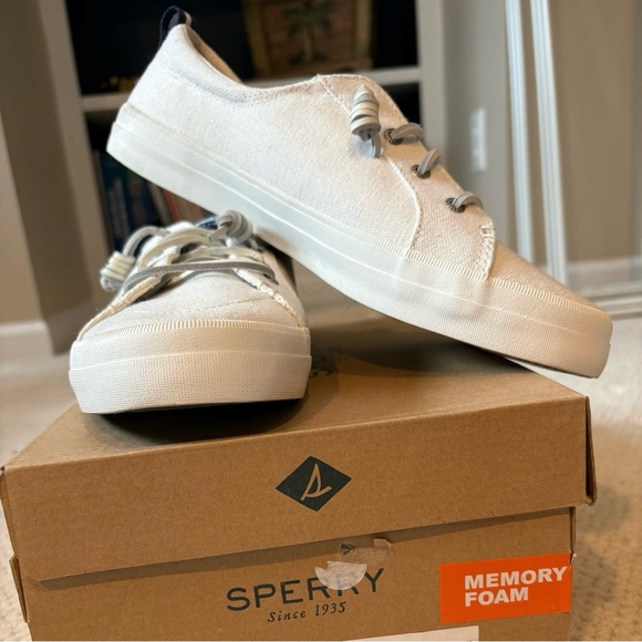 NEW Sperry Crest Vibe Linen Sneaker off white woman 12 shoes slip on canvas boat - Picture 2 of 8